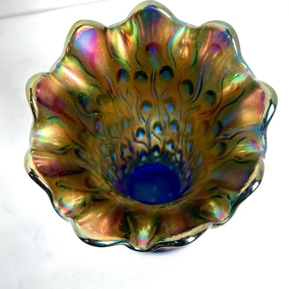 Rarest Cobalt Blue Glass Peacock Design 9 Finger Carnival vase Stunning - Picture 8 of 12